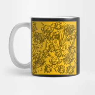 Doodled Highland Cows Pattern Yellow Mug